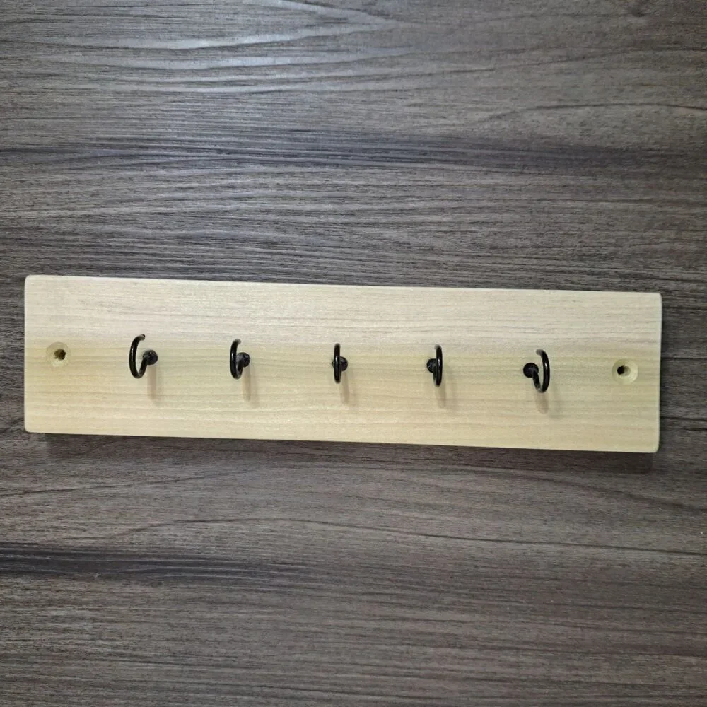 Handmade‎ 10 inch Wall Mount 5 Hook Key/Hat Rack Brown Solid Wood Black Hooks